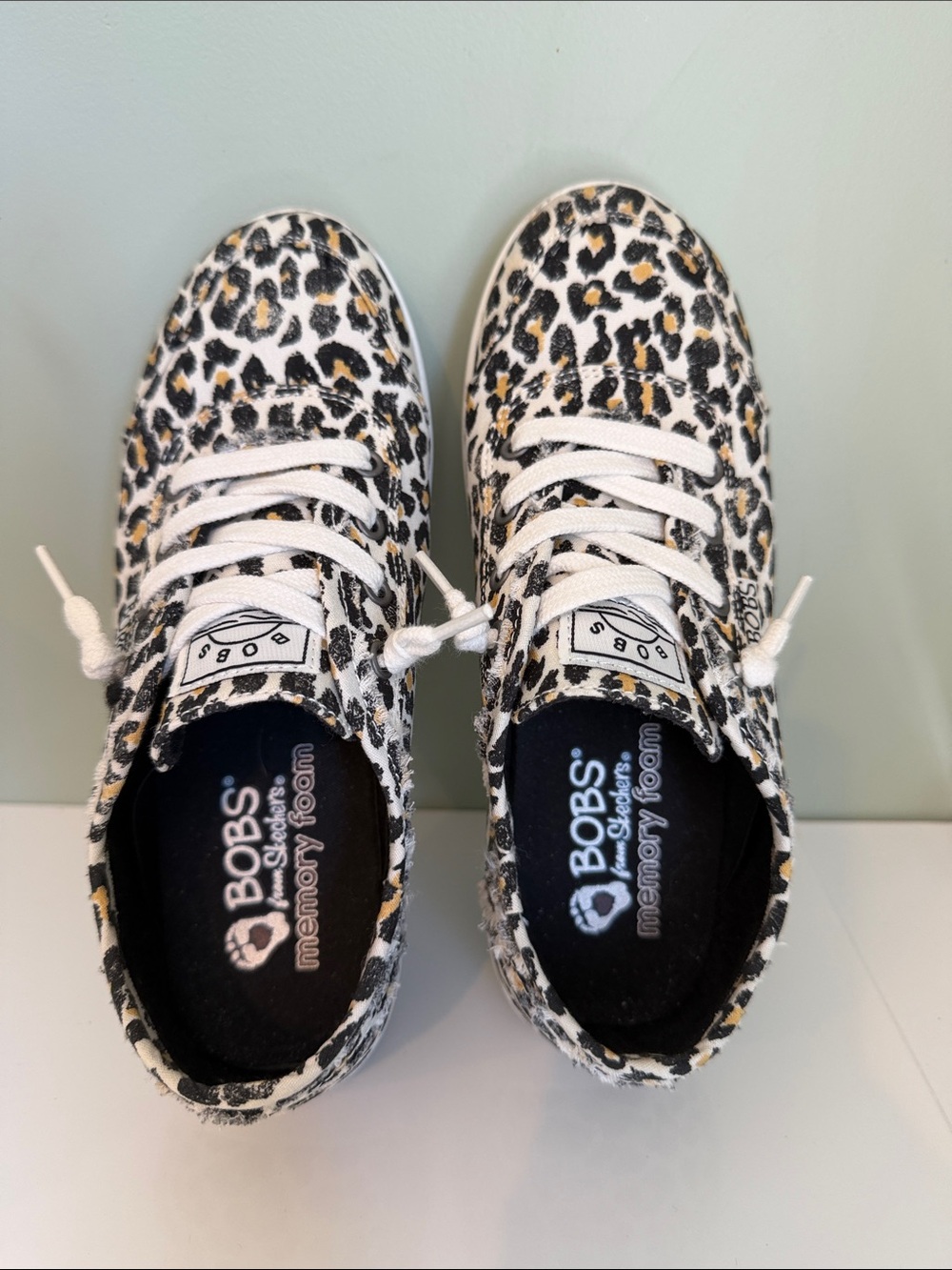 Skechers BOBS Leopard Print Memory Foam Sneakers in White, Black & Gold